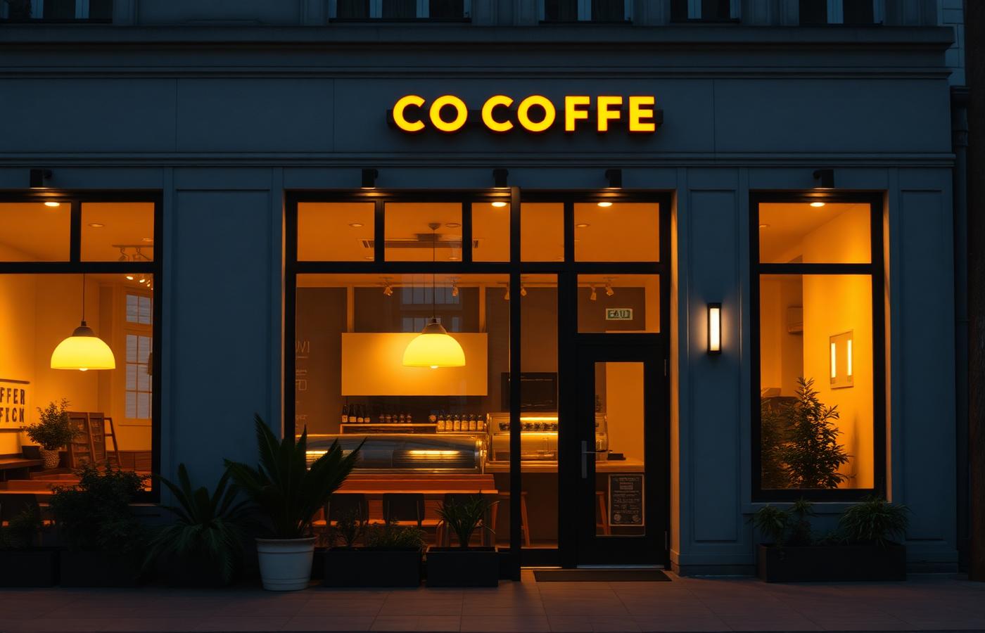 A glowing café storefront at dusk