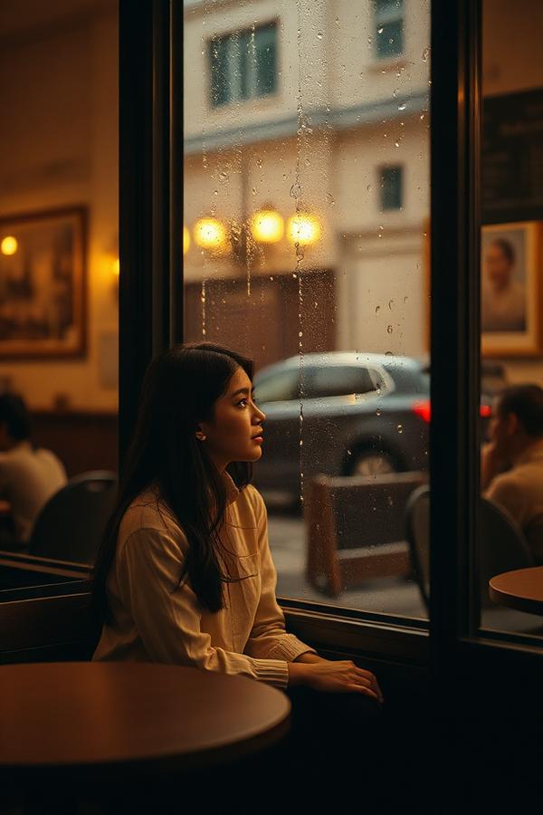 A woman watching the rain from a café window