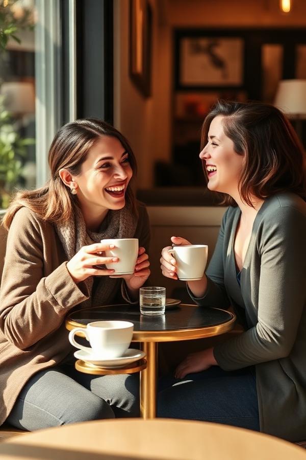 Two friends laughing over coffee