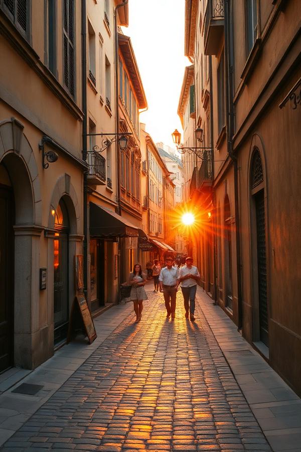 A cobblestone street at golden hour